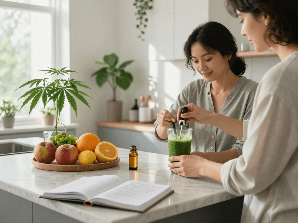 Top shelf flower delivery, CBD oil used in a healthy smoothie routine, premium wellness products, natural ingredients, inviting kitchen atmosphere