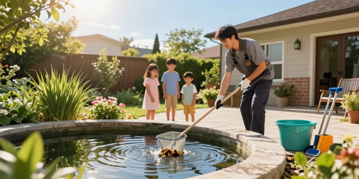 Pond Cleaning Sussex service with technician removing debris from garden pond while family watches happily.