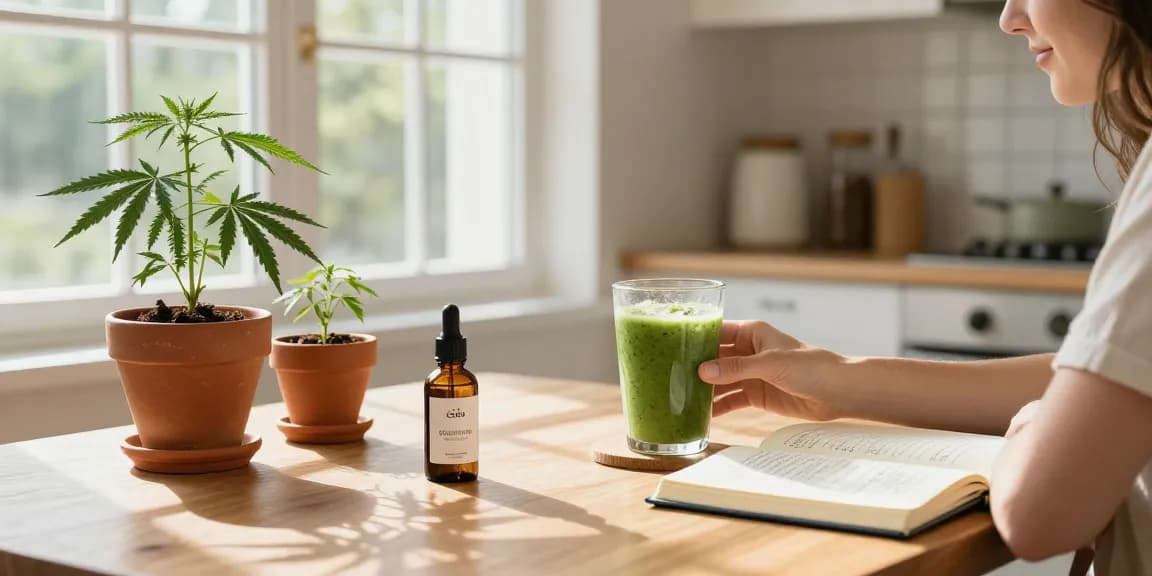 Cali strains showcased with CBD oil and fresh hemp plant in a bright wellness kitchen setting.