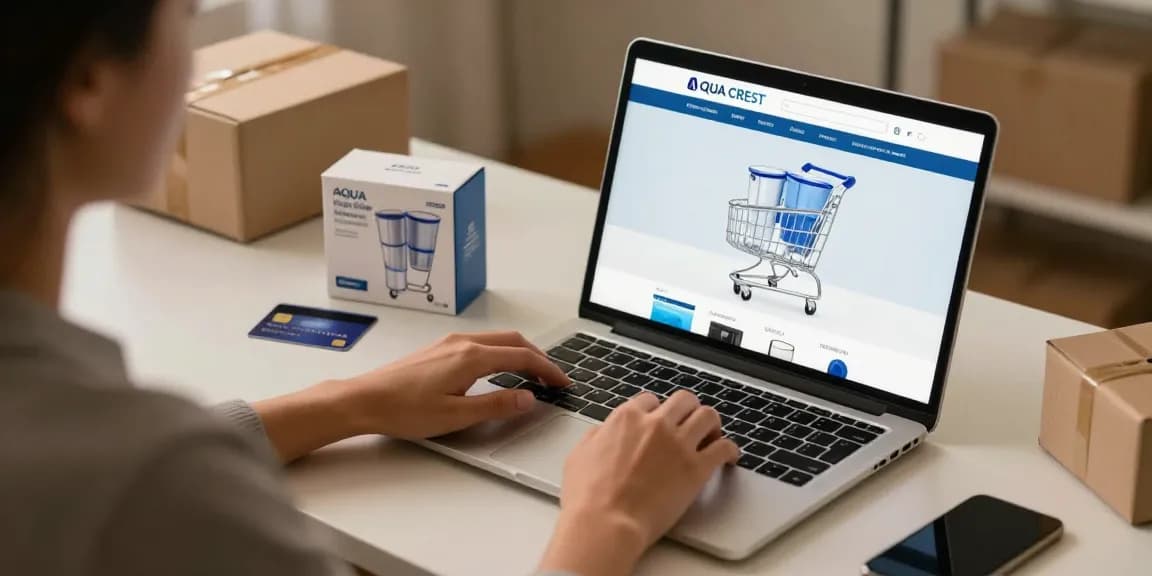AQUA CREST Multiple-Stage Water Filters display for online shopping, showcasing product features and best deals in a digital marketplace.