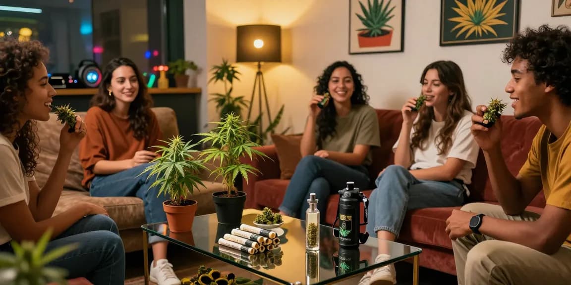 Freunde entspannen in einer gemütlichen Cannabis-Lounge mit hochwertigen Moonrocks-Produkten.