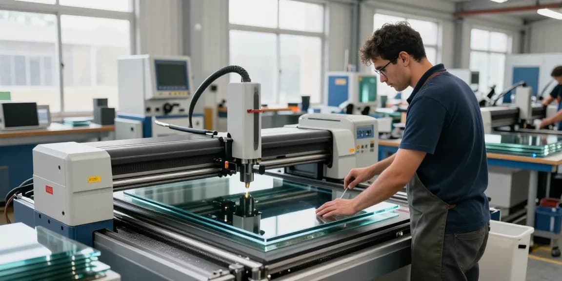 Technician using cutting machine glass in a high-tech workshop environment.