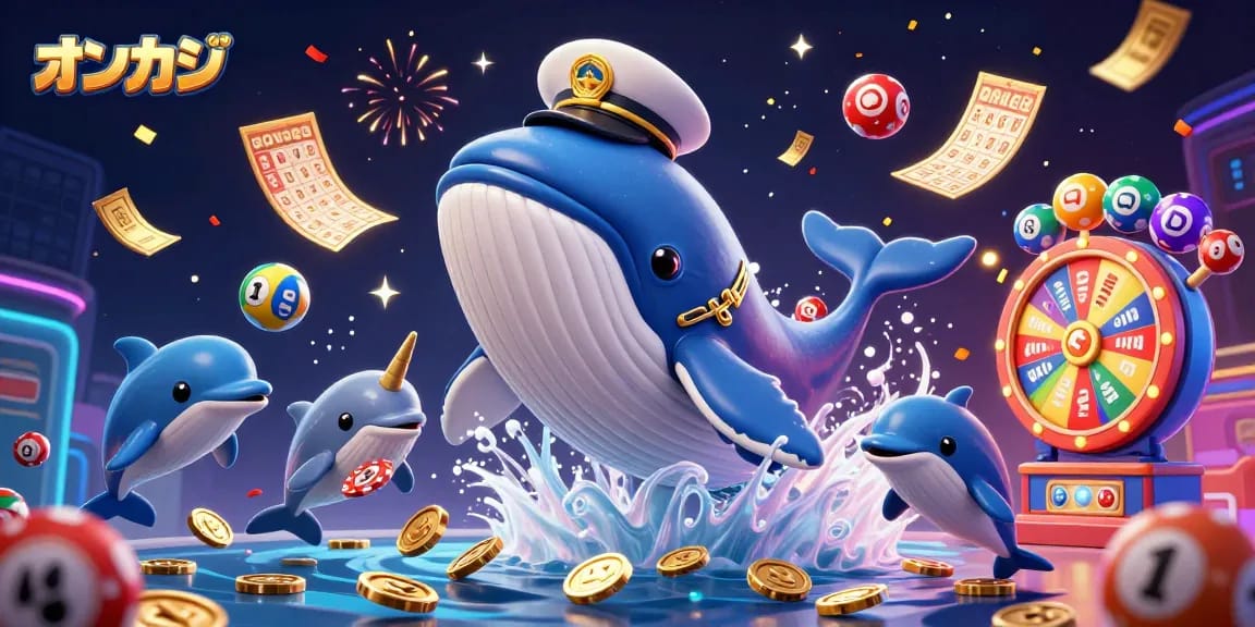 オンカジの巨大的なキャプテンのコートを着たクジラがコインの海を跳ね上がるシーン。
