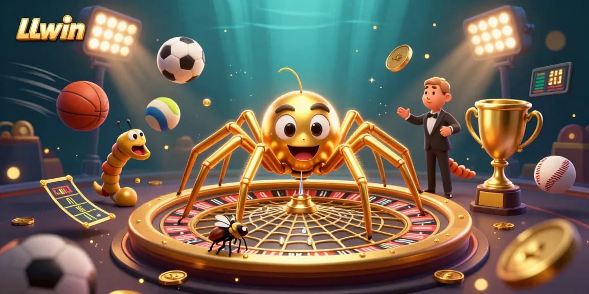 LLwin's exciting gaming scene showcases a golden spider spinning a roulette wheel web, enhancing the thrill of online betting.