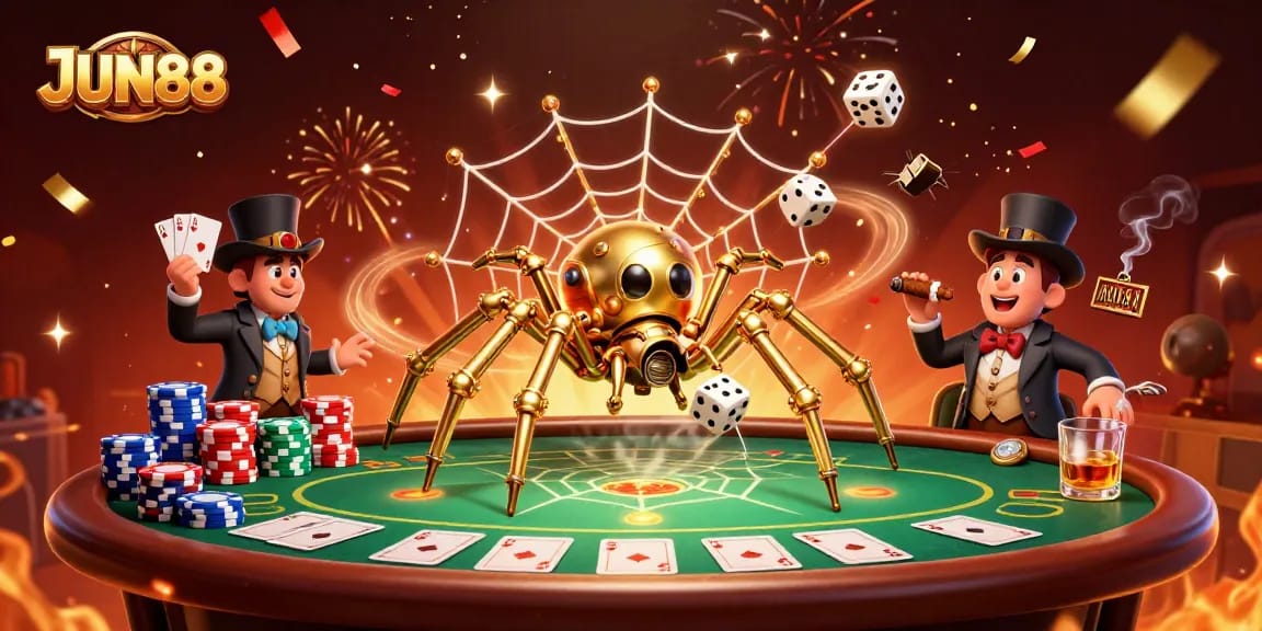 Experience the excitement of JUN88 with a golden spider web, poker elements, and vibrant casino atmosphere.