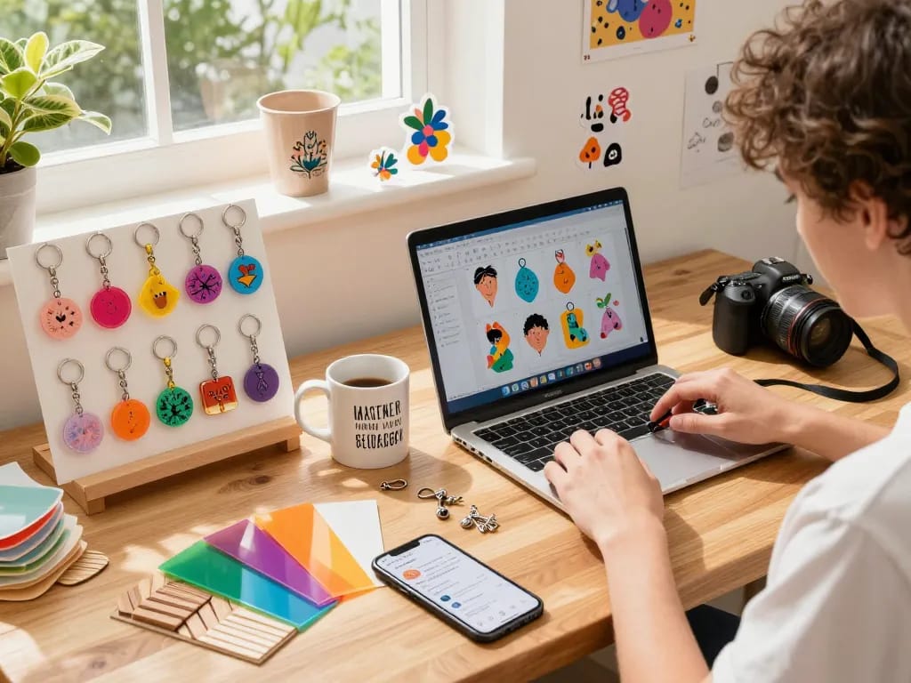 Custom keychain design process showcasing vibrant workspace with various keychain samples and a designer at a laptop.