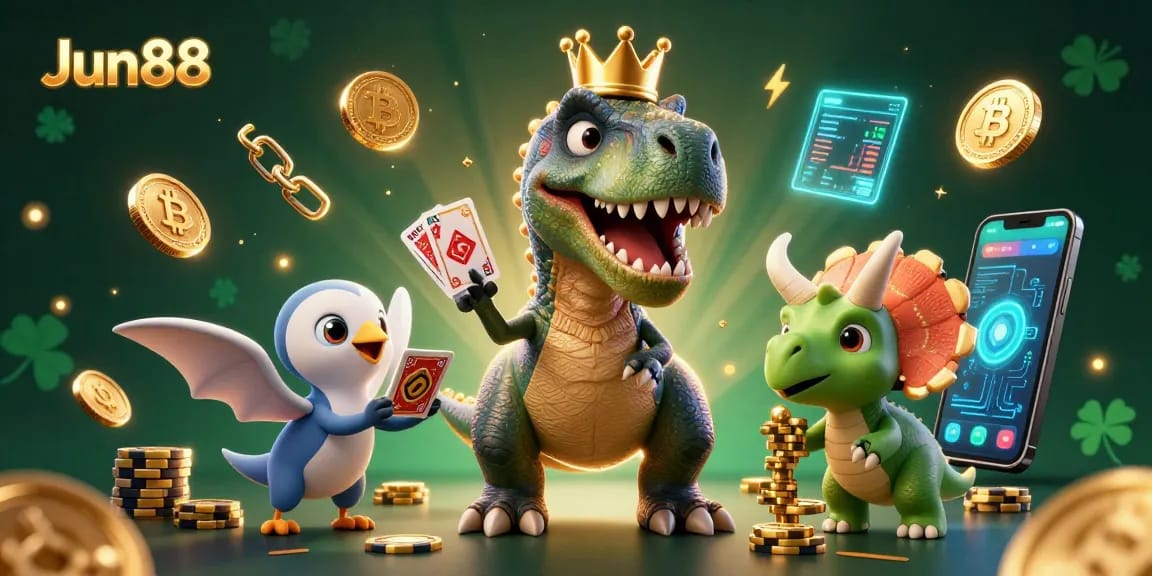 Experience the excitement of Jun88 with a colorful T-Rex and friends in this vibrant casino scene.