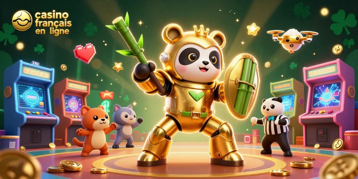 Illustration dynamique du casino français en ligne avec des personnages colorés et des machines à sous.