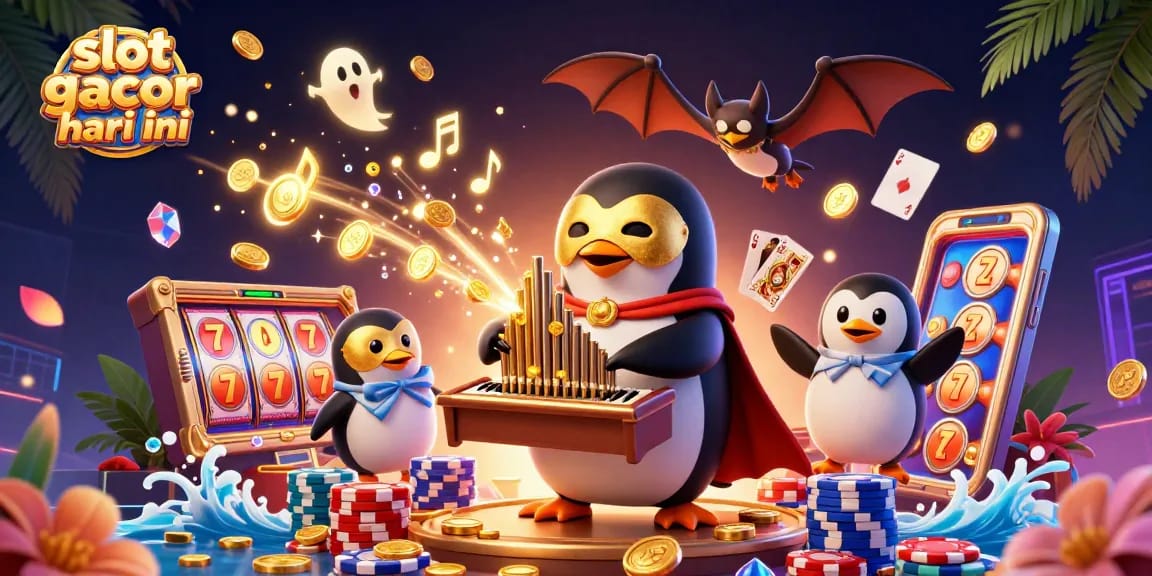 Spin to win with slot gacor hari ini featuring a penguin organist amidst golden casino treasures.