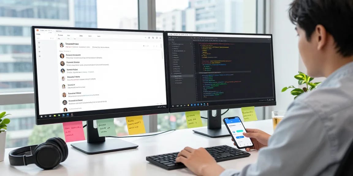 Engaged user navigating the telegram中文 interface on dual monitors in a modern tech workspace.