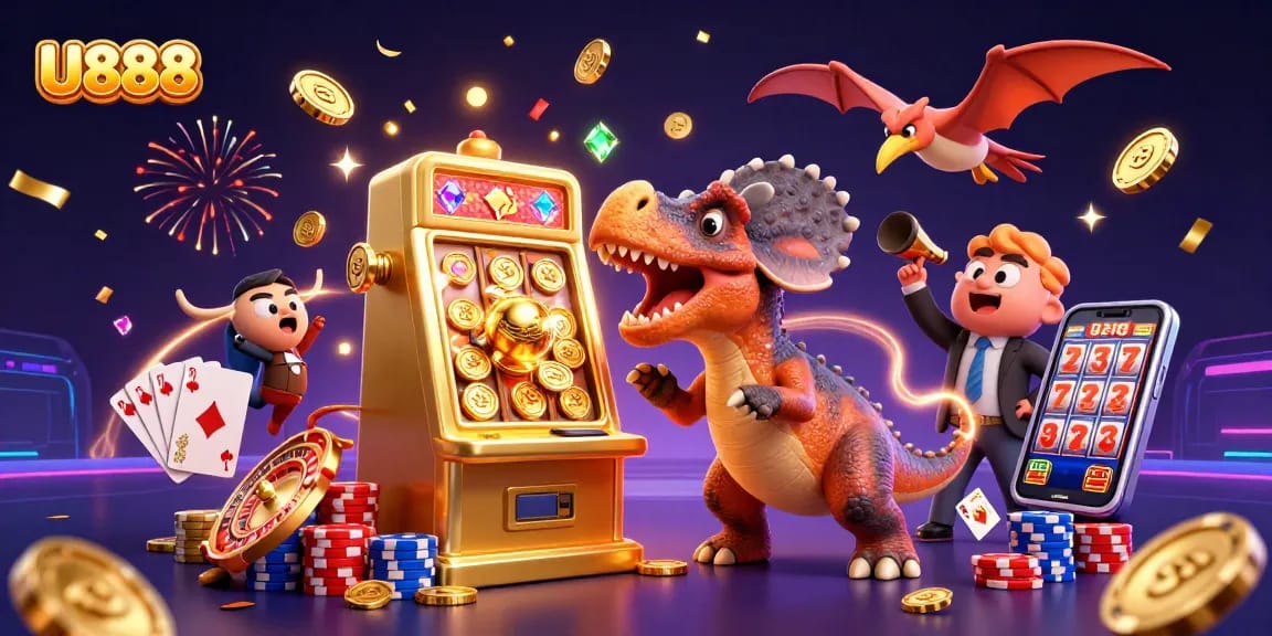 U888 features a pachycephalosaurus celebrating a jackpot on a golden slot machine while coins fly in every direction.