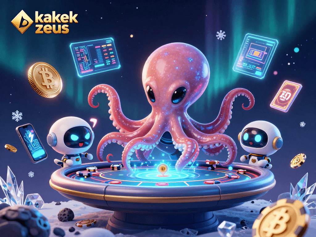 Engage with kakek zeus on a holographic poker table in a vibrant cosmic scene.