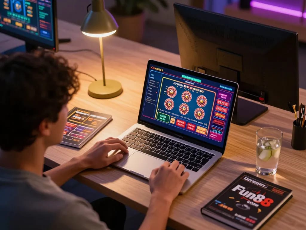 Engaging with Fun88 com for online casino gameplay at home, person focused on gaming interface.