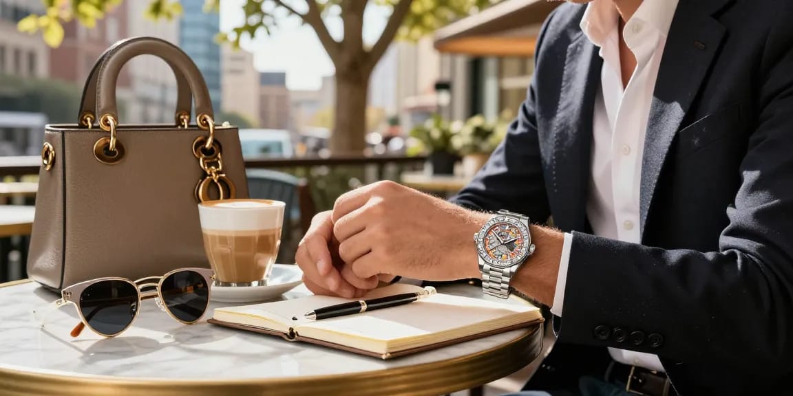 Elegant individual showcasing a replica watch at a chic café, representing luxury lifestyle.