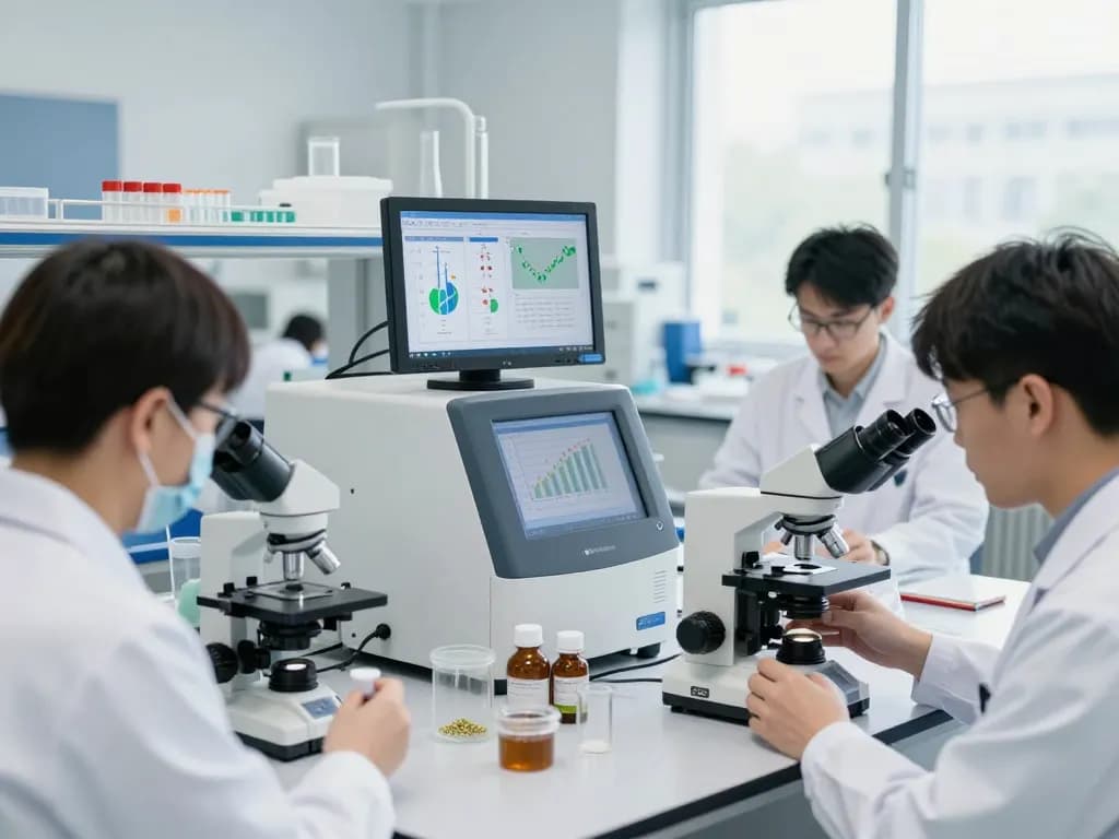 Innovative EU cannabinoid manufacturer research lab with scientists analyzing hemp extracts