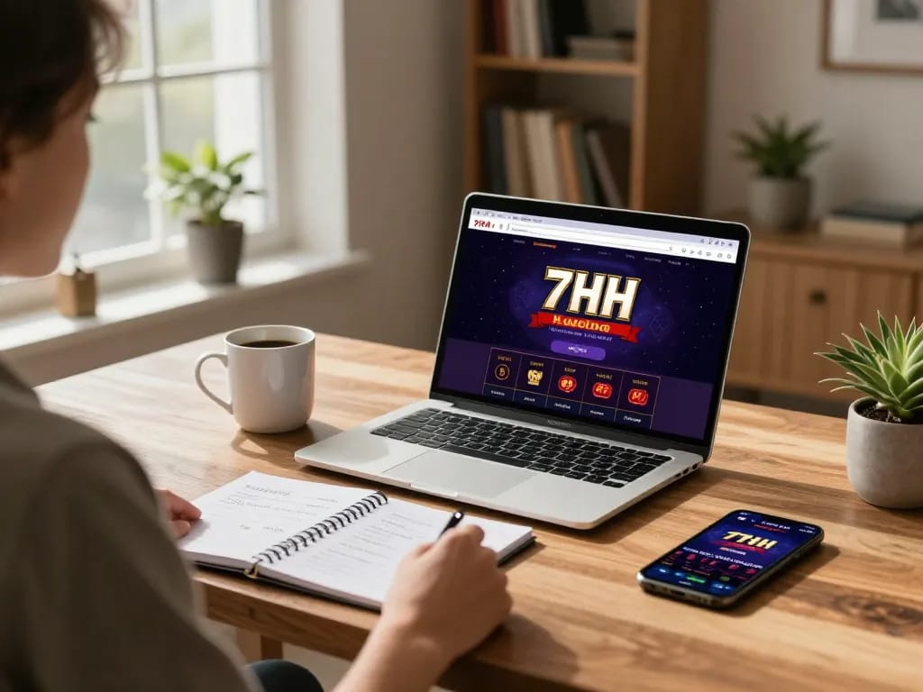 Engaged user playing slots on the 7hh online casino platform from a cozy home office.