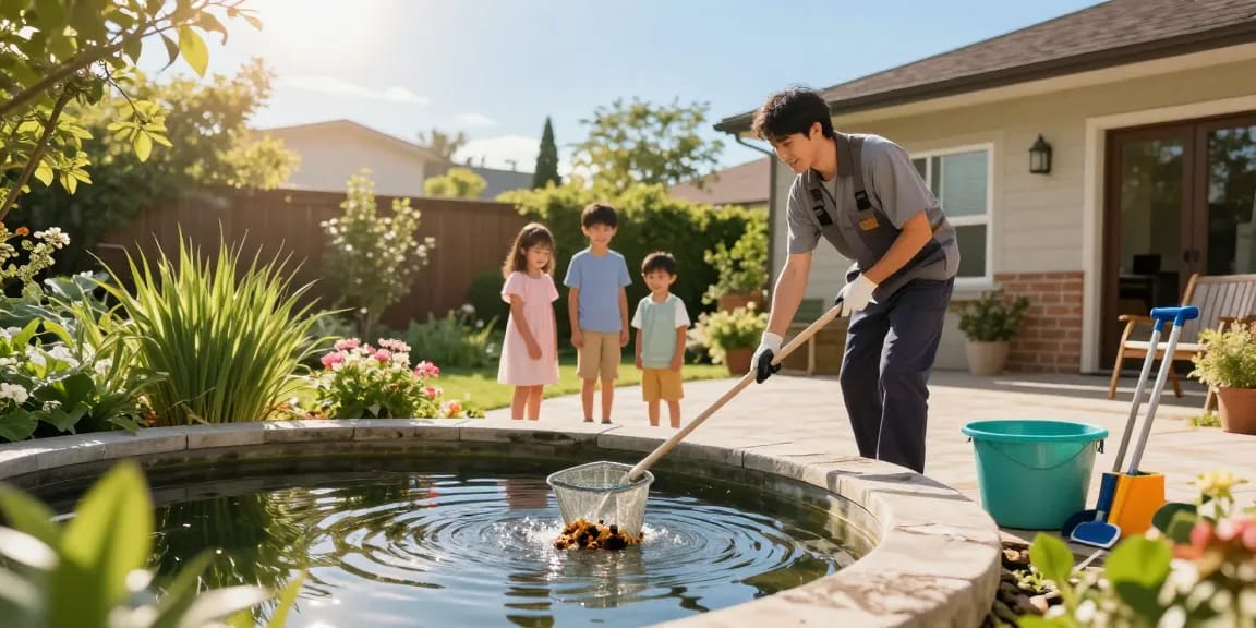 Pond Cleaning Sussex service with technician removing debris from garden pond while family watches happily.