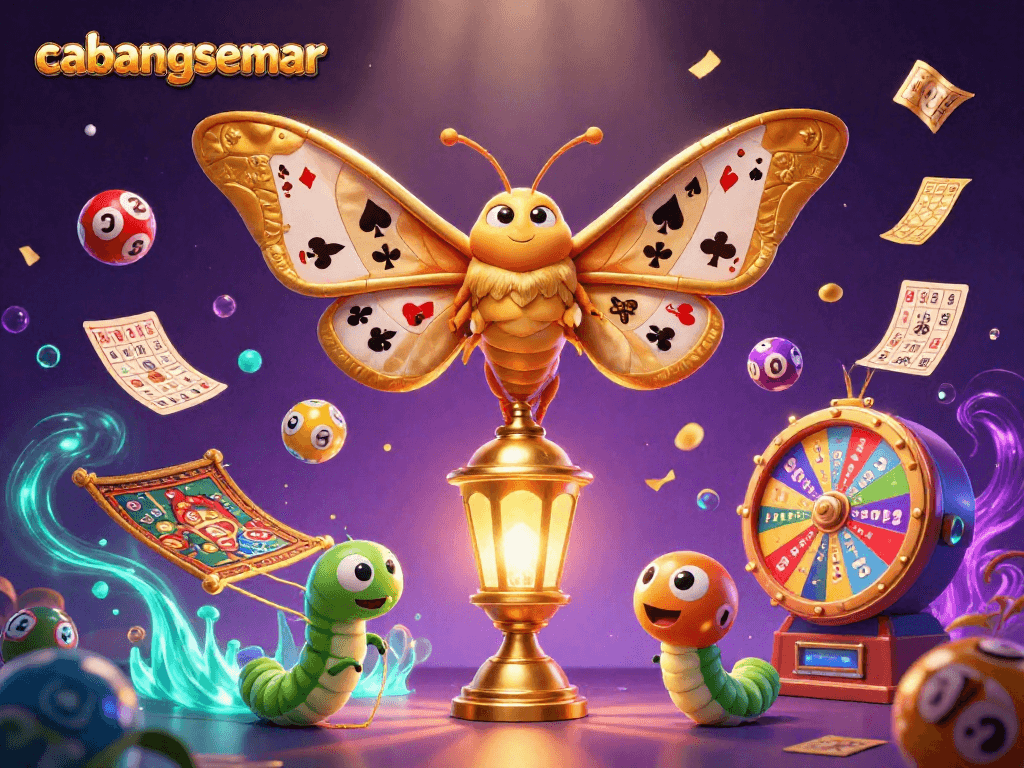 Cabangsemar menghadirkan ilustrasi perjudian dengan kupu-kupu emas dan elemen lotere yang mengasyikkan.