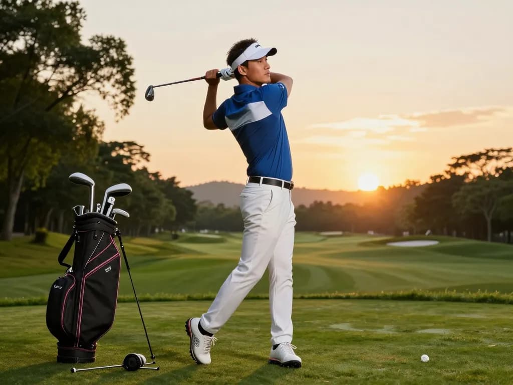 Stylish golfer showcasing 골프웨어 레플리카 outfit on a sunny golf course.
