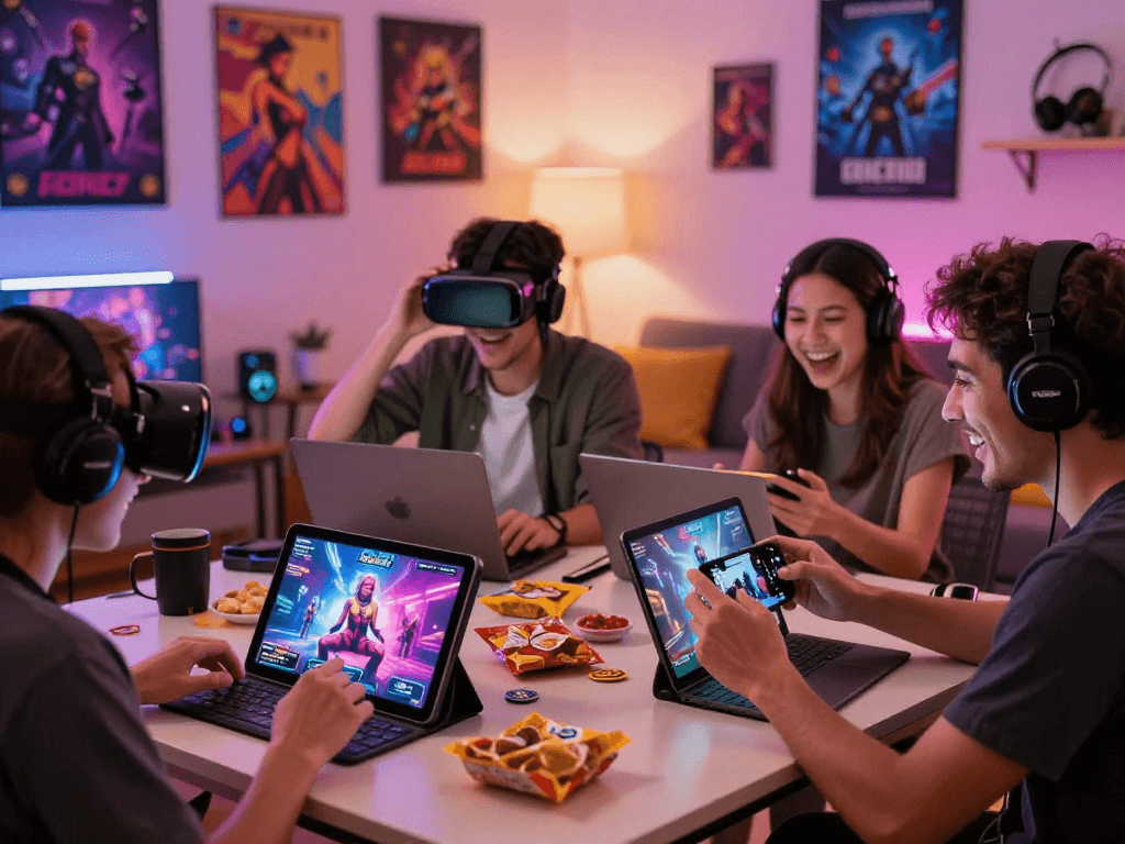 Engaging scene of players enjoying a sex game on various devices in a cozy gaming environment.