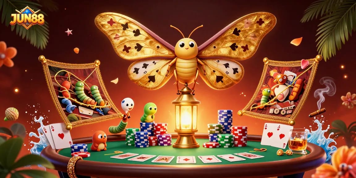 Experience the excitement of JUN88 with a vibrant casino scene featuring golden moths and poker elements.