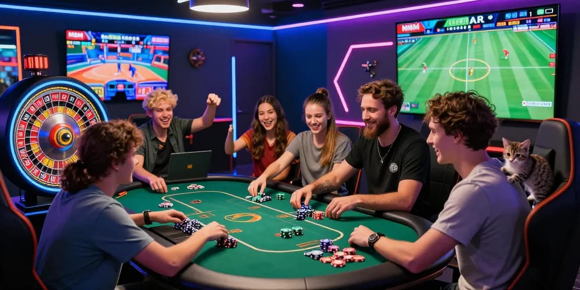 A lively gaming environment at MBM娛樂城 with friends cheering at roulette and poker games, illuminated by neon lights.