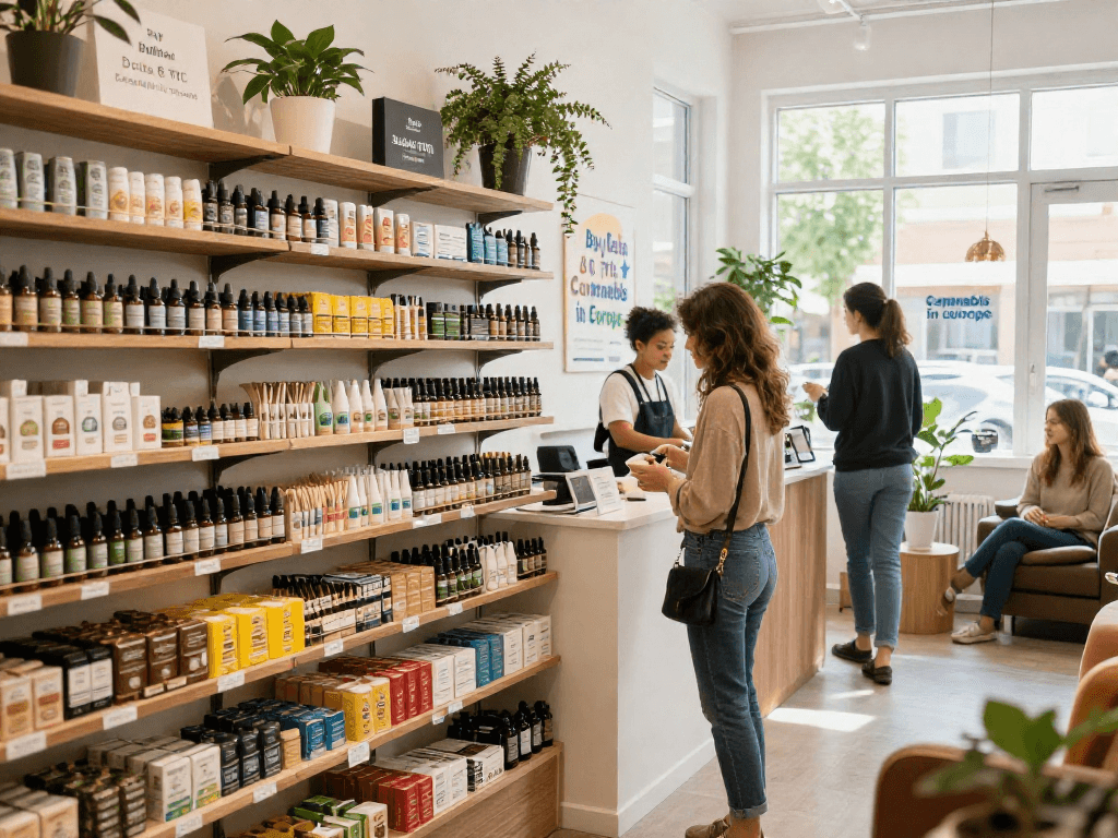 Buy Delta 8 THC Cannabis in Europe showcased in a modern dispensary, with friendly staff and inviting atmosphere.