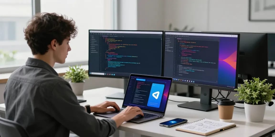Seamless work setup showcasing a developer using telegram中文 on screen, emphasizing modern tech communication.