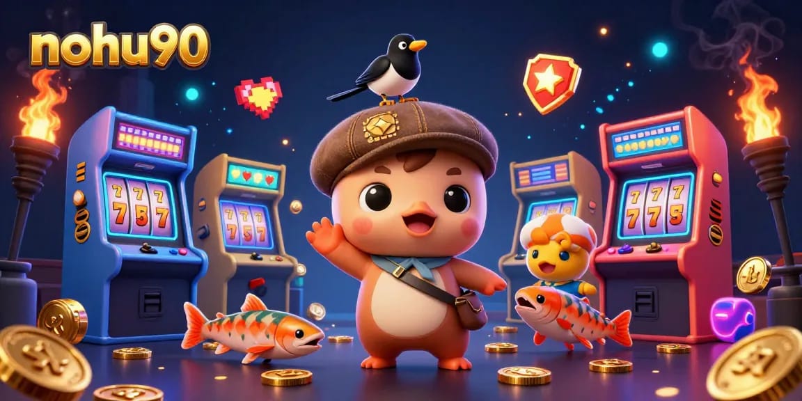 Join the nohu90 adventure with playful Nessie surrounded by exciting casino elements.