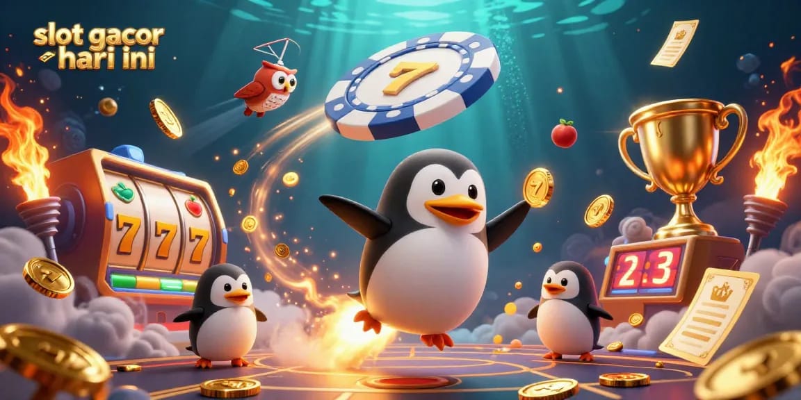 Slot gacor hari ini dengan penguin emas dan elemen kasino menarik.