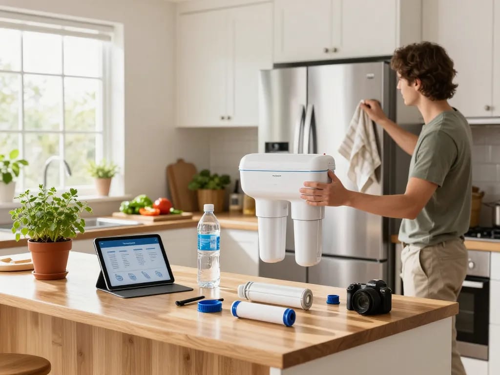 Using the Overbest OB6013 Replacement for GE® MWF® water filter in a bright kitchen setting.