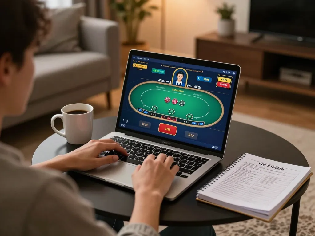 Engaged in dn88 đăng nhập, a gambler strategizes while playing live poker online from home.