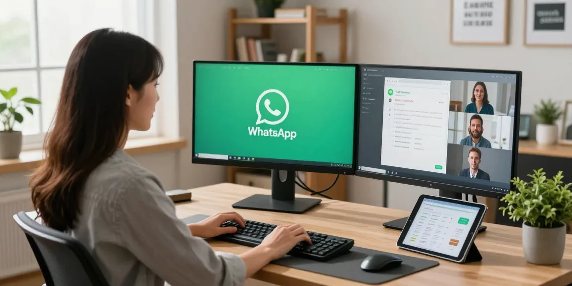 Using WhatsApp電腦版 on dual monitors in a modern workspace