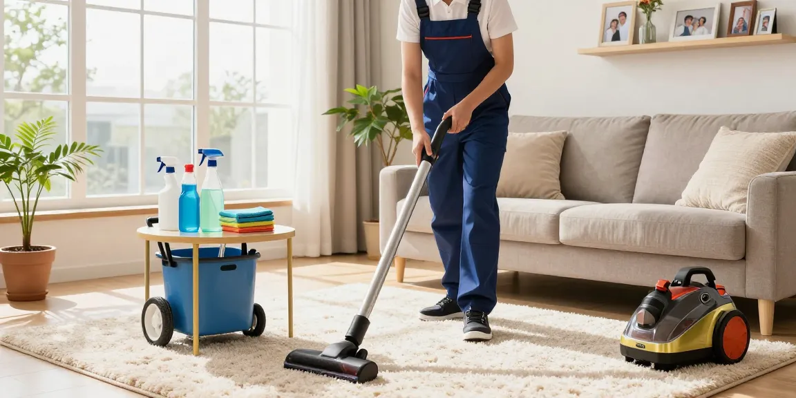 Professional cleaner in uniform vacuuming home space, find out more about our cleaning services.