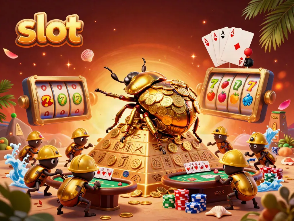Engaging scene of a golden beetle symbolizing slot gaming, with vibrant visuals and casino elements.