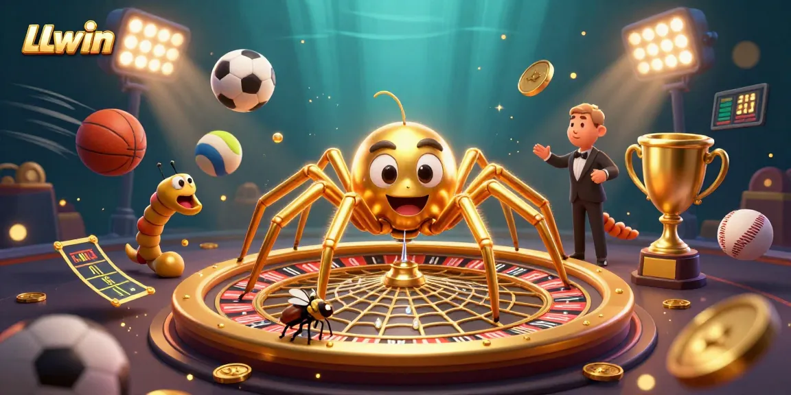 LLwin's exciting gaming scene showcases a golden spider spinning a roulette wheel web, enhancing the thrill of online betting.