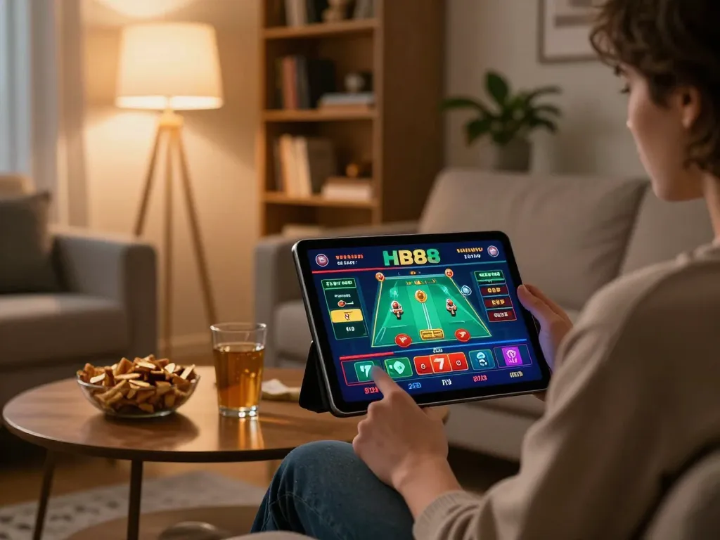 HB88 player enjoying a live dealer casino game on a tablet in a cozy living room setting.