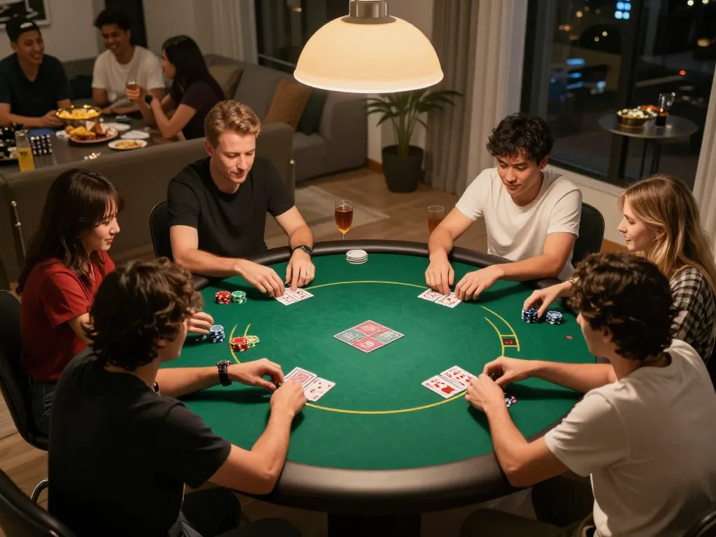 Players enjoying an engaging game at home poker night, a vibrant situs gacor atmosphere promoting strategic enjoyment.