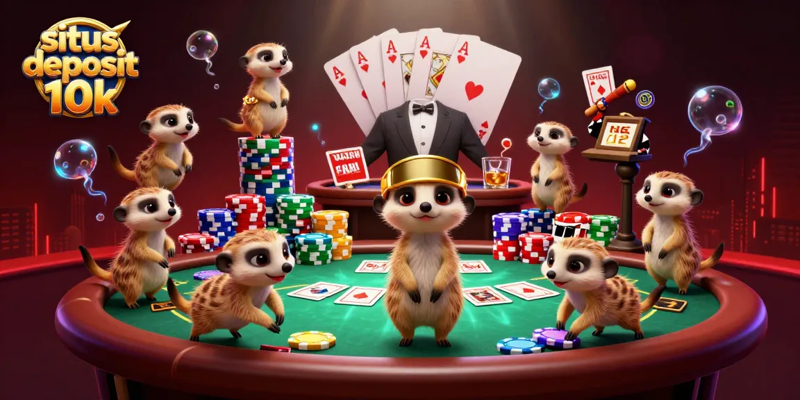 Situs deposit 10k showcases animated meerkats running a vibrant casino scene with poker and high-stakes excitement.