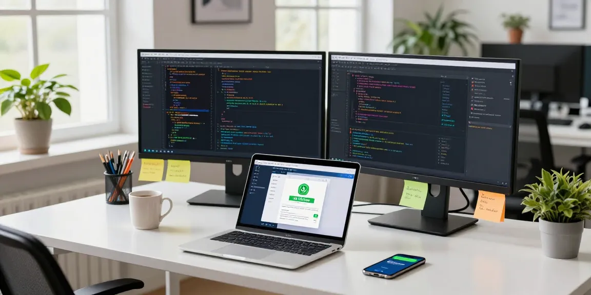 The workspace showcasing GB WhatsApp app development, with a person coding, modern office elements, and vibrant ambiance.