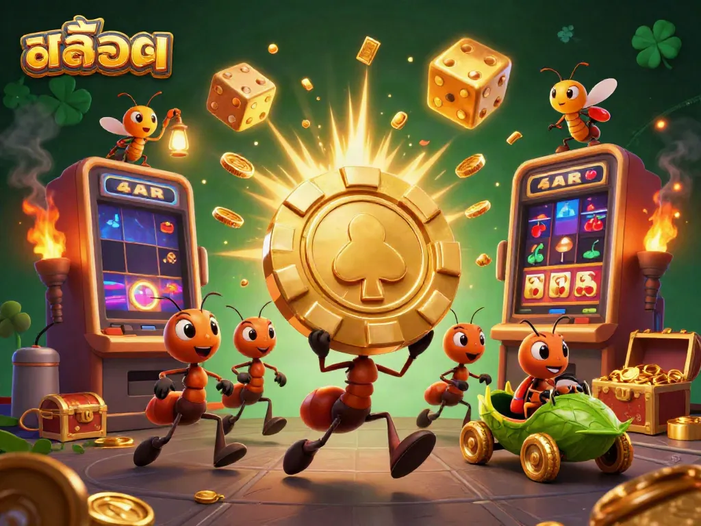 Engaging illustration of a team of ants planning a casino-themed heist in the world of สล็อต with vibrant elements.