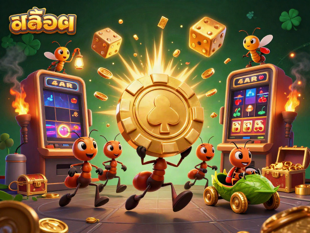 Engaging illustration of a team of ants planning a casino-themed heist in the world of สล็อต with vibrant elements.
