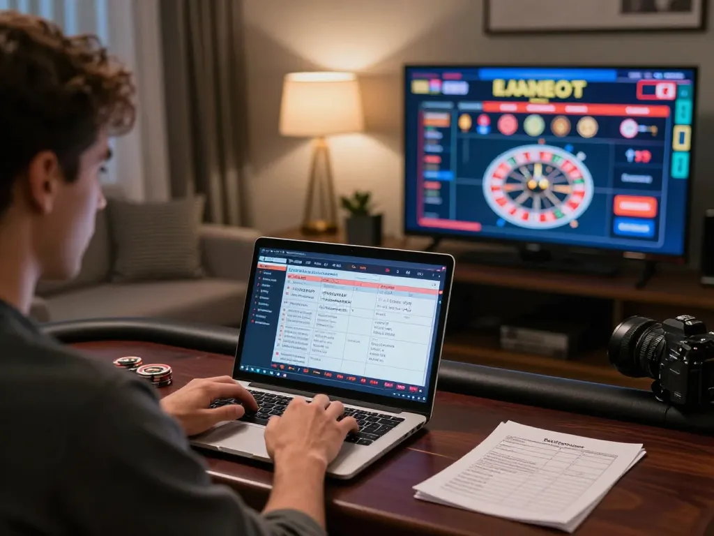 Player engaging in strategic online gaming at 99win casino with laptops and notes.