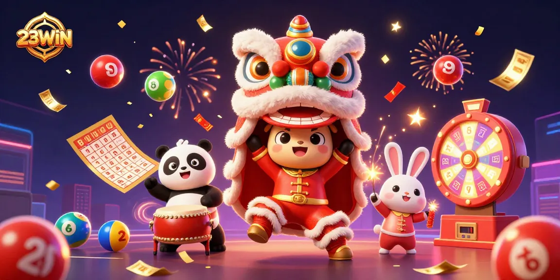 Play games and enjoy incredible wins at 23WIN with vibrant lottery balls and festive elements.