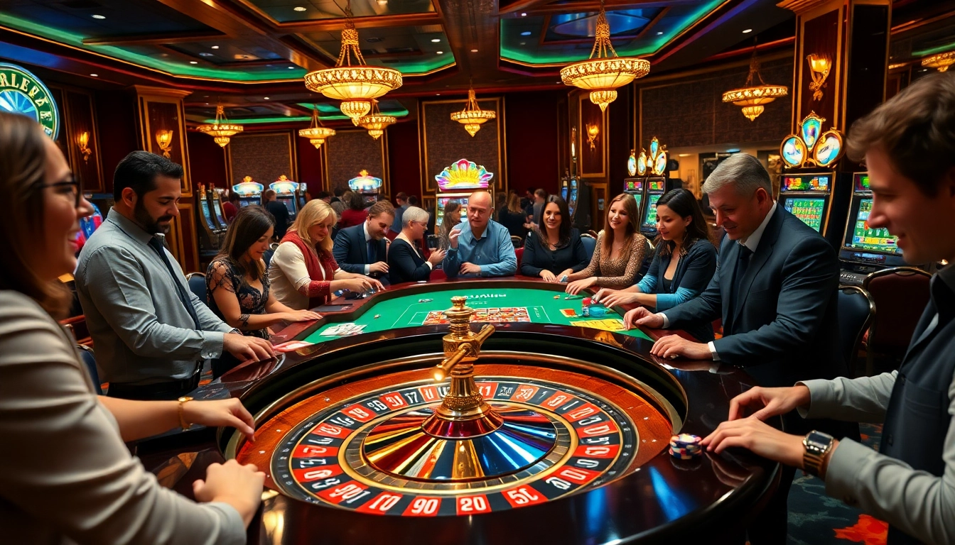 Players enjoying high-stakes games at Luckywin, featuring glamorous casino elements and vibrant excitement.