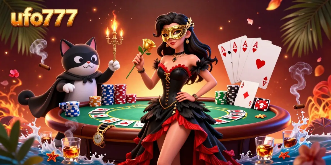 Experience excitement with ufo777 as a 3D woman in elegant gown and poker elements come alive in this lively illustration.