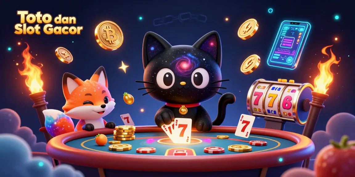 Toto dan Slot Gacor showcases a cosmic casino scene with a black hole cat and colorful fox, drawing in players with vibrant slots and crypto elements.
