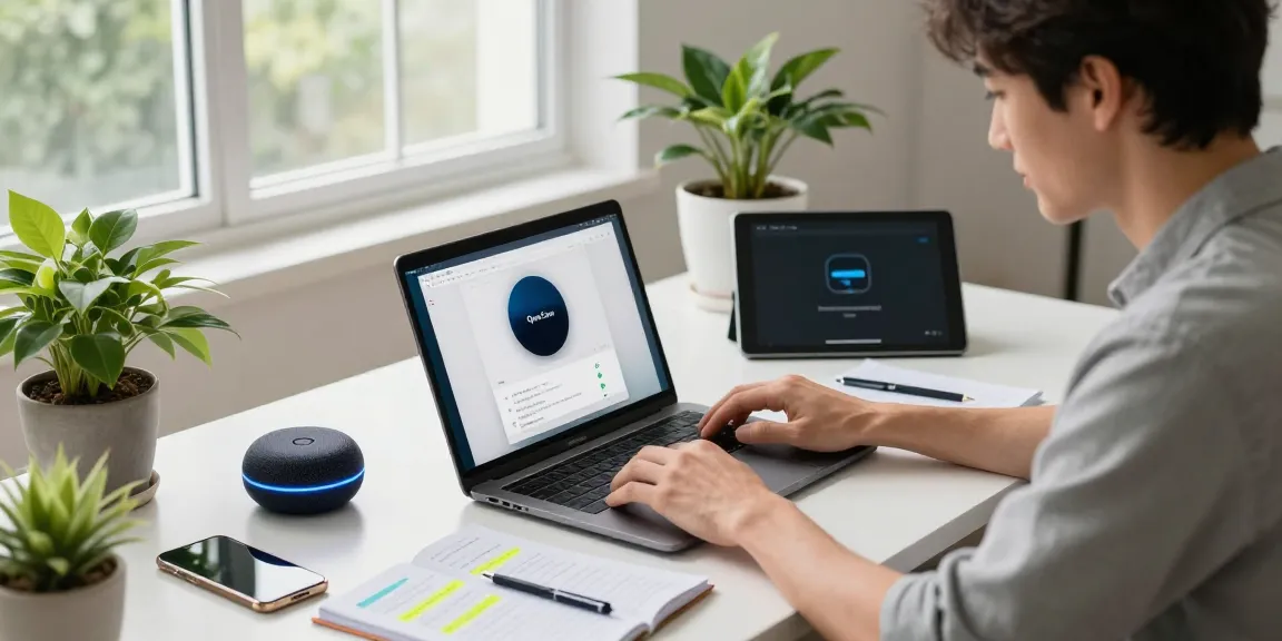 open claw installation scene with a person configuring AI software in a modern home office