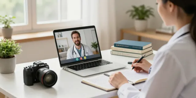 Professional telemedicine consultation for MMJ card online in a stylish home office.