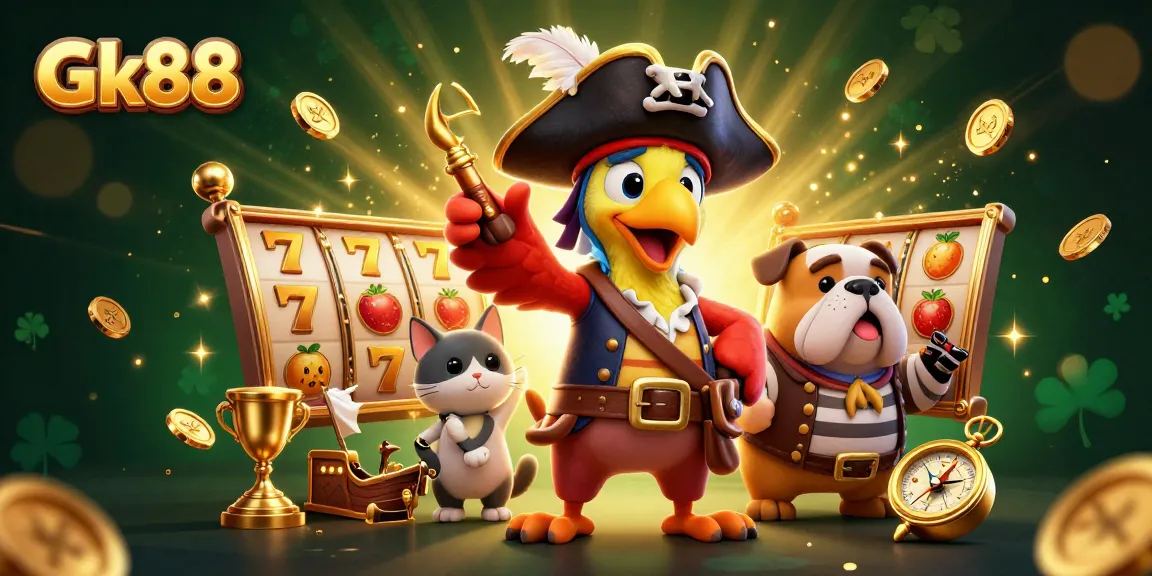 Engage in Gk88's thrilling slot games featuring a pirate captain, bulldog, and cat under a sparkling atmosphere.